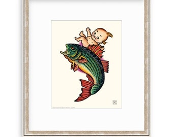 Kewpie Riding A Striped Bass, 8"x10" Giclee Print Of A Watercolor Painting. Retro Fish Art. Rockfish.