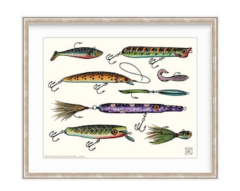 Colorful Salt Water Fishing Lures 11"x14" Giclee Print Of A Watercolor Painting. Fishing Print For The Angler. Fish Hooks. Tackle.