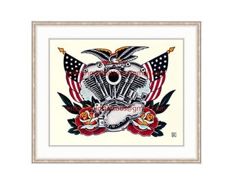 Harley Davidson Vintage Knucklehead 11"x14" Giclee Print. Motorcycle Engine. Tattoo Flash. Vintage Bike. Bald Eagle. Americana.