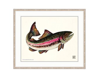Jumping Rainbow Trout Giclee Print Of A Watercolor Painting. Steelhead. Fly Fishing Painting For The Lake House. Sport Fishing. Rod and Reel