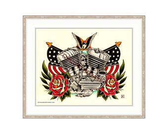 Harley Davidson Vintage Flathead 11"x14" Giclee Print. V-twin Motorcycle Engine. Rose Tattoo Flash. Vintage Bike. Bald Eagle. Americana.