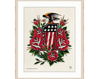 Harley Davidson #1 Giclee Print 11"x14". Motorcycle Engine. Rose Tattoo Flash. Vintage Bike. Bald Eagle. Americana. Biker Art. Evel Knievel.