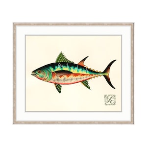 May include: A watercolor painting of a tuna fish with a green, blue, and orange color scheme. The fish is swimming to the right and has a detailed design. The artist's signature is in the bottom right corner.