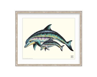 Colorful Mother & Calf 11"x14” Dolphin Giclee Print Of A Watercolor Painting. Newborn Gift For Nursery.