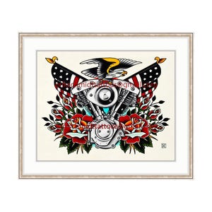 May include: A framed illustration of a motorcycle engine with an American flag and an eagle flying above it. The engine is surrounded by red roses and green leaves.