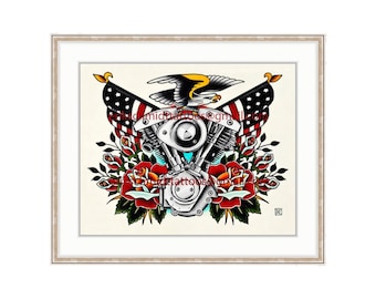 Harley Davidson Vintage Shovelhead 11"x14" Giclee Print. V-twin Motorcycle Engine. Rose Tattoo Flash. Vintage Bike. Bald Eagle. Americana.