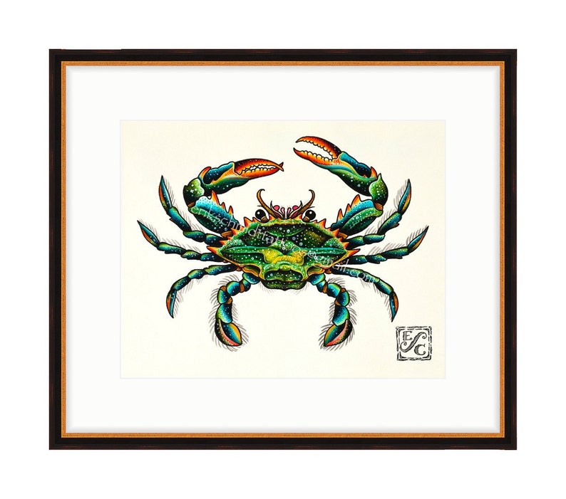 May include: A framed illustration of a blue crab with green, orange, and yellow details. The crab is depicted in a realistic style with intricate markings and a detailed shell. The artwork is signed "EC" in the bottom right corner.
