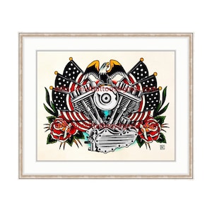 Harley Davidson Vintage Panhead 11&quot;x14&quot; Giclee Print. Motorcycle Engine. Rose Tattoo Flash. Vintage Bike. Bald Eagle. Americana. Biker Art.