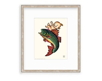 Kewpie Riding A Striped Bass, 8"x10" Giclee Print Of A Watercolor Painting. Retro Fish Art. Rockfish.