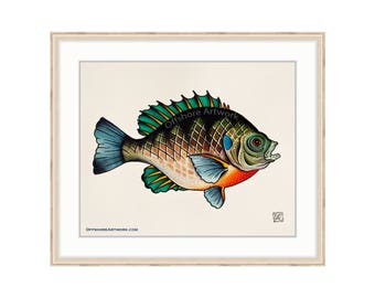 Bluegill Giclee Print of a Watercolor Painting 8"x10" for the Freshwater Angler. Sunfish. Bream. Brim Fish. Copper Nose Fish. Lake Fishing.R