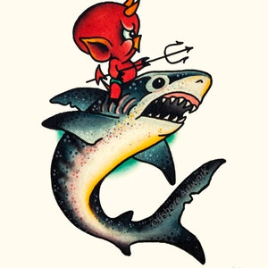 Hot Stuff The Little Devil Riding A Great White Shark, 8x10 Giclee Print Of A Watercolor Painting. Retro Fish Painting. image 2