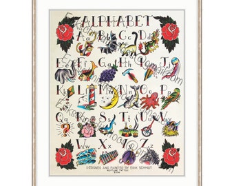 Watercolor Alphabet Print. ABC Poster For A Nursery, Classroom, Childs Bedroom. Tattoo Flash Style For Kids. Teacher, Preschool Kindergarten
