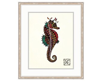 Regal Seahorse Giclee Print of Watercolor Painting 11"x14" For The Ocean Lover. Seahorses. Red Seahorse For Beach Houses And Coastal Decor