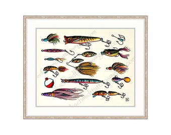 Colorful Fishing Lures 11"x14" Giclee Print Of A Watercolor Painting. Fishing Print For The Angler.  Fish Lures. Fish Hooks. Bobber. Tackle.