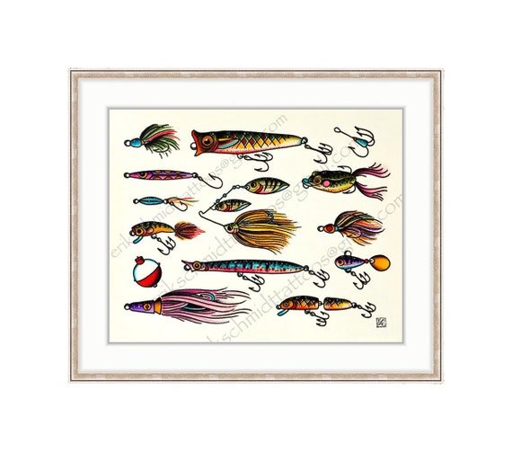Colorful Fishing Lures 11x14 Giclee Print of A Watercolor Painting