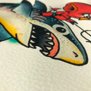 Hot Stuff The Little Devil Riding A Great White Shark, 8x10 Giclee Print Of A Watercolor Painting. Retro Fish Painting. image 3