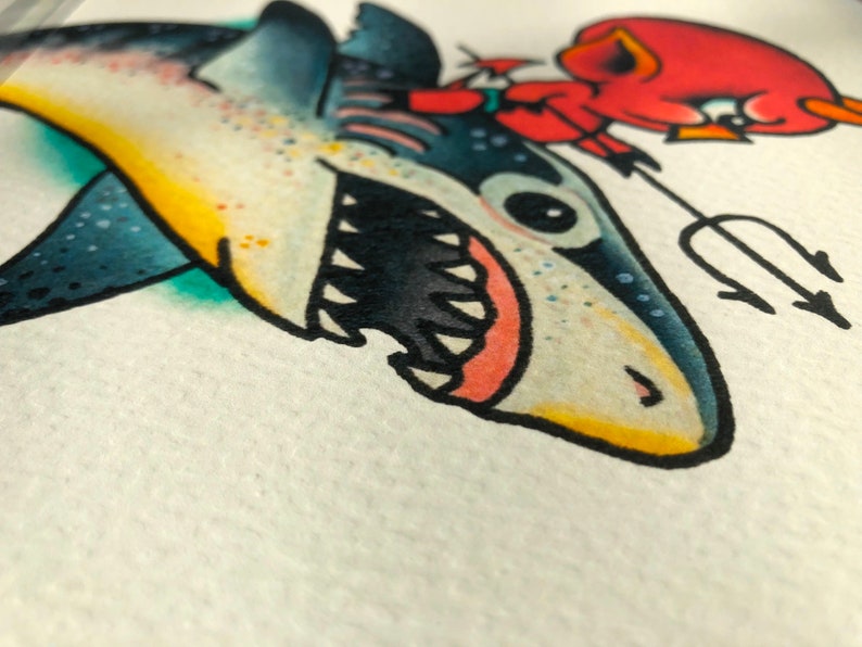Hot Stuff The Little Devil Riding A Great White Shark, 8x10 Giclee Print Of A Watercolor Painting. Retro Fish Painting. image 3