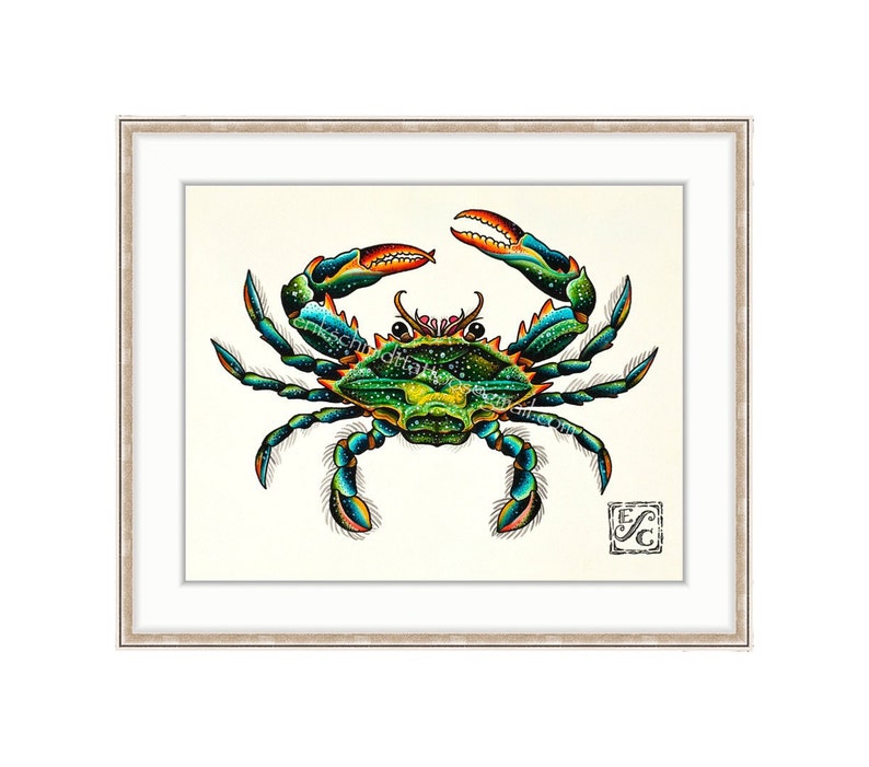 May include: A framed illustration of a blue crab with green, orange, and yellow details. The crab is depicted in a realistic style with intricate markings and a detailed shell.