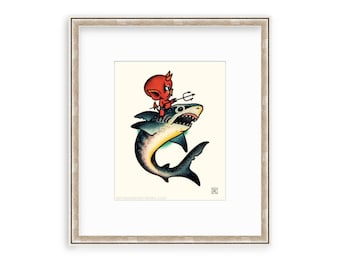 Hot Stuff The Little Devil Riding A Great White Shark, 8"x10" Giclee Print Of A Watercolor Painting. Retro Fish Painting.