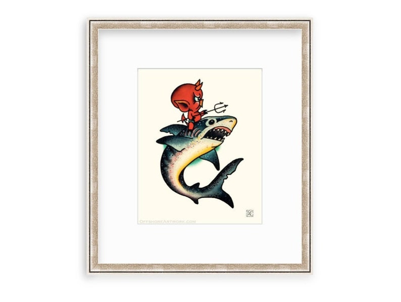 Hot Stuff The Little Devil Riding A Great White Shark, 8x10 Giclee Print Of A Watercolor Painting. Retro Fish Painting. image 1