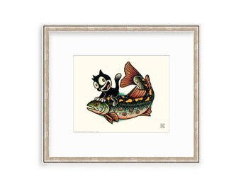 Felix The Cat Riding Brook Trout, 8"x10" Giclee Print Of A Watercolor Painting. Retro Fish Painting.