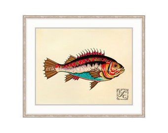 May include: A framed art print featuring a colorful fish illustration. The fish has a red and black back, brown fins, and a turquoise belly. The artwork is set against a cream-colored background and includes the artist's signature.