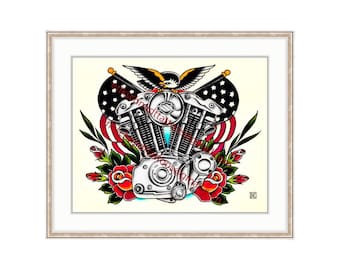 Harley Davidson Vintage Ironhead 11"x14" Giclee Print. Motorcycle Engine. Rose Tattoo Flash. Vintage Bike. Bald Eagle. Americana. Biker Art.