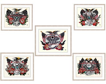 Set of Five Harley Davidson Engines 11"x14" Giclee Prints. Motorcycle Engine. Rose Tattoo Flash. Vintage Bike. Bald Eagle. Americana. Biker.