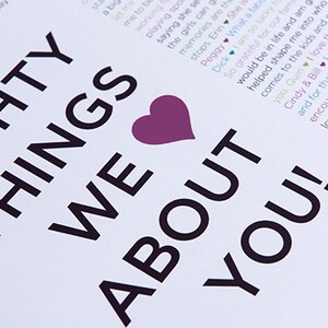 May include: A white printable poster with a pink heart and black text that reads "Eighty Things We About You!"