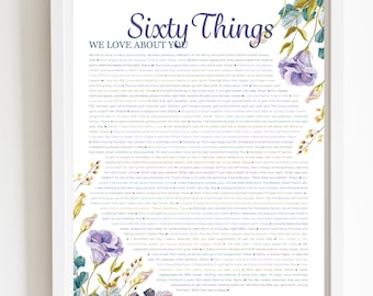 Puede incluir: Un póster imprimible con un diseño floral y una lista de sesenta cosas que la gente ama de alguien. El texto está en azul y verde y las flores son moradas y verdes.