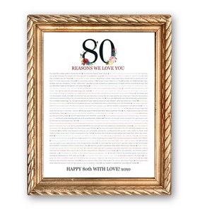 May include: A framed print with a white background and gold frame. The print features the number 80 with floral accents and the text "80 Reasons We Love You!" followed by a list of reasons. The bottom of the print reads "Happy 80th With Love! xoxo".