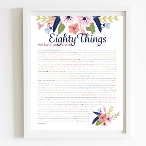 80 COISAS QUE AMAMOS EM VOCÊ Estampa DIGITAL Floral Azul; 80º aniversário; Irmãs 80; Aniversário das avós; 80º aniversário do amigo; 80 anos da mamãe
