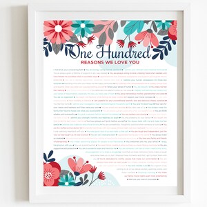 May include: A printable poster with a floral design in shades of pink, red, and teal. The poster features the text "One Hundred Reasons We Love You" and lists one hundred reasons why someone is loved.