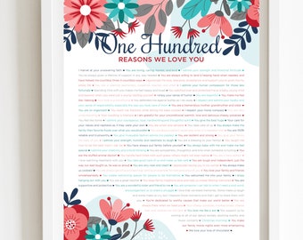 100 Reasons We Love You Print | Turquoise Floral Gift (Digital Print)