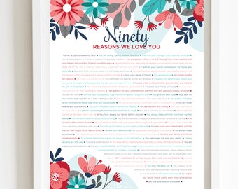 90 Reasons We Love You Turquoise Floral DIGITAL Print; 90th Birthday; Grandmas Birthday; Friend's 90th Birthday; Mom's 90th