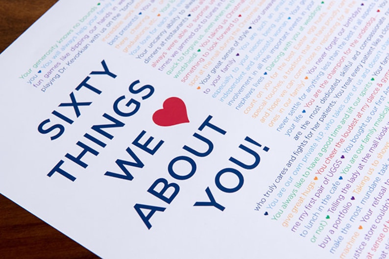 Pu&ograve; includere: Un poster bianco con testo blu e arcobaleno che recita "Sessanta cose che amiamo di te!" con un cuore rosso al centro. Il testo elenca 60 cose su qualcuno, come "Aiuti sempre la tua famiglia" e "Sei il campione degli svantaggiati".
