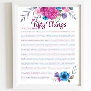 May include: A printable poster with a floral design and the text "Fifty Things We Love About You". The text is in a pink, blue, and white font and lists 50 reasons why someone is loved. The poster is perfect for a birthday or anniversary gift.