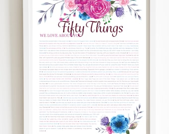 50 THINGS We Love About You Pink Floral DIGITAL Print; 50th Birthday; Wife's 50th Birthday; Friend's 50th Birthday; Mom's 50th