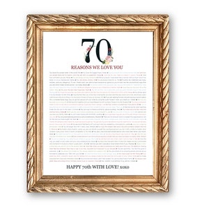 PERSONALIZADO 70 coisas que amamos em você Impressão digital; 70º aniversário; 70º aniversário da irmã; 70º aniversário da amiga; 70º aniversário da mãe; 70 razões pelas quais amamos você