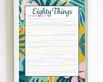 80 THINGS We Love About You Aqua Tropical DIGITAL Print; 80th Birthday; Grandmas Birthday; Friend's 80th Birthday; Mom's 80th