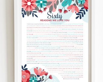 60 Reasons We Love You Turquoise Floral DIGITAL Print; 60th Birthday; Wife's 60th Birthday; Friend's 60th Birthday; Mom's 60th