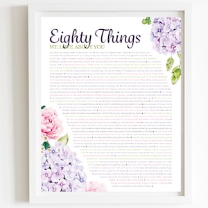 May include: A framed print with a floral design and text that reads "Eighty Things We Love About You". The text is in a variety of colors and includes a list of positive attributes. The print is perfect for a gift or to display in a home.
