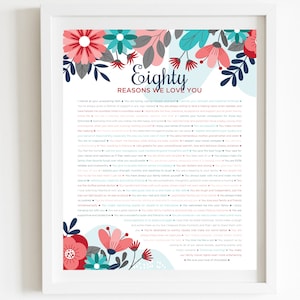 CUSTOM 80 Razones por las que te amamos Estampado Digital Floral Turquesa; 80 cumpleaños; Cumpleaños de las abuelas; 80 cumpleaños de un amigo; Mamá número 80