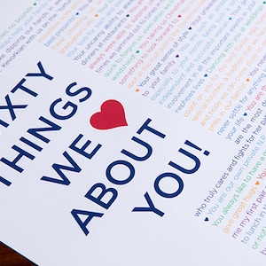 May include: A white poster with blue and red text that reads "Sixty Things We About You!" with a red heart in the middle. The poster lists 60 reasons why someone is loved and appreciated.