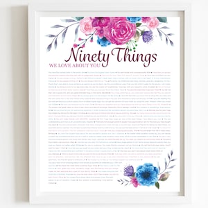 May include: A printable poster with a floral design and the text "Ninety Things We Love About You". The poster lists 90 reasons why someone is loved, including their kindness, compassion, and humor.