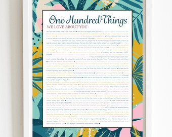 100 THINGS We Love About You Aqua Tropical DIGITAL Print; 100th Birthday; Grandmas Birthday; Friend's 100th Birthday; Mom's 100th