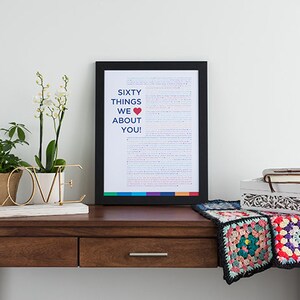 Puede incluir: Una impresi&oacute;n enmarcada con el texto "Sixty Things We Love About You!" en un marco negro sobre una mesa de madera con una maceta de cer&aacute;mica blanca con una orqu&iacute;dea blanca, un letrero de "LOVE" de metal dorado y una caja blanca con un libro marr&oacute;n encima. Una manta de ganchillo de colores est&aacute; sobre la mesa.