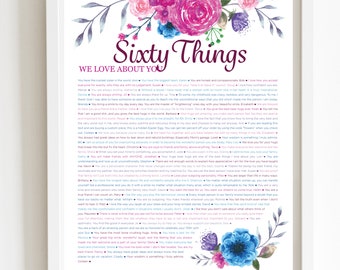 60 THINGS We Love About You Pink Floral DIGITAL Print; 60th Birthday; Wife's 60th Birthday; Friend's 60th Birthday; Mom's 60th