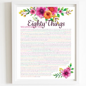 80 DINGE, die wir an dir lieben Orange Floral DIGITAL Print; 80er Geburtstag; Omas Geburtstag; 80. Geburtstag des Freundes; Mama ist 80er