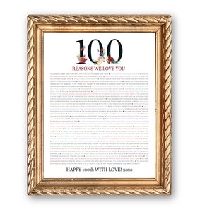 May include: A framed printable with a white background and gold frame. The print features a floral design with the number 100 and the text "100 Reasons We Love You". The text "Happy 100th With Love! xoxo" is at the bottom of the print.